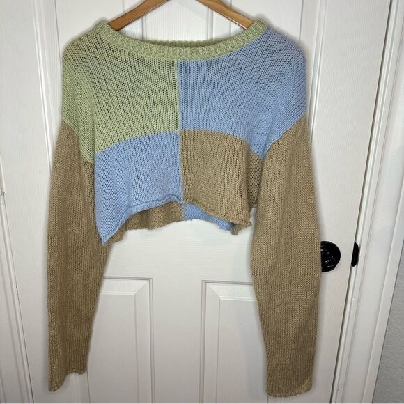 Le Lis Muted Green Blue Tan Colorblock Cropped Wool Mohair Blend Sweater Sz S - Picture 1 of 6